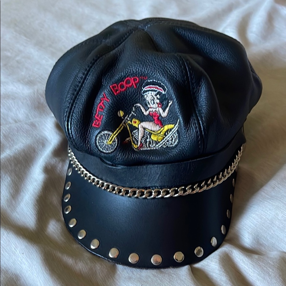 ADORABLE Black Leather Cap with Betty Boop on motorcycle Embroidery